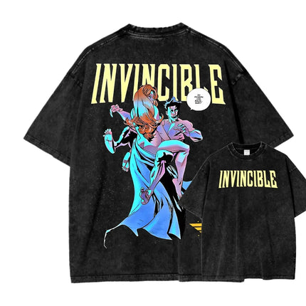 Superhero Anime Invincible Graphic Print Washed T-shirt Men Women New Fashion O-neck Cotton Tee Streetwear Hip Hop Oversized Top