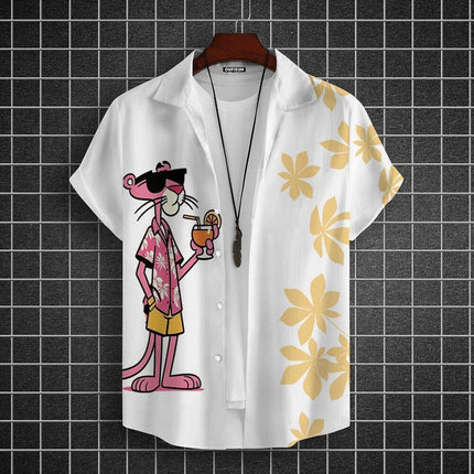 Cartoon Leopard Graphic Men Short Sleeve Lapel Shirt Tops Unisex Pink Button-Down Hawaiian Shirts Summer Daily Female Blouses