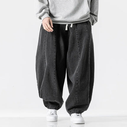 New retro loose harem pants men's hip-hop denim wide leg pants men's solid color straight leg pants jeans elastic waist pants me