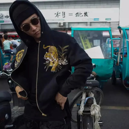 Bamboo Tiger Chrysanthemum Embroidered Yokosuka Sukajan Hoodies Coats Black Men Boys High Quality Sweatshirt Sweater Tops Vintag
