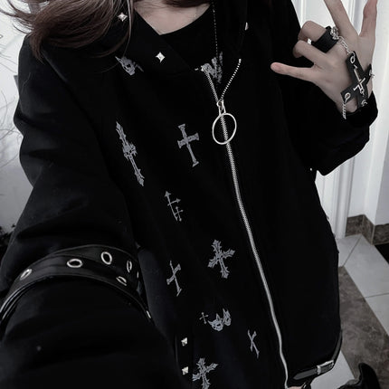 Original Gothic Cross Printed Loose Hoodie Jacket New Spring Women's Subculture Cool Rivet Drapey Zipper Coat Outwear