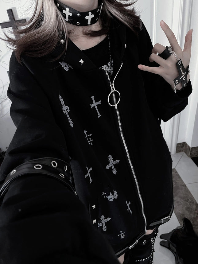 Original Gothic Cross Printed Loose Hoodie Jacket New Spring Women's Subculture Cool Rivet Drapey Zipper Coat Outwear