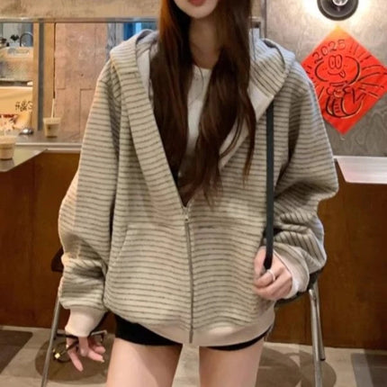 Matakawa Stripes Hooides Women Tops Zipper Autumn Winter Y2k Sweatshirts Korean Fashion Loose Hooded Retro Sudaderas Mujer