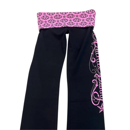 Y2K Sweet and Cool Black Pink Flared Pants Waist-Head Printed Decorated Slim-Fitting Trousers Side Cursive Print Casual Pants