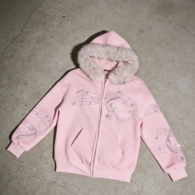 Women's Casual Daily Outerwear Pink Embellished Music Score Print Faux Fur Trim Hooded Full Zip Sweatshirt 2026