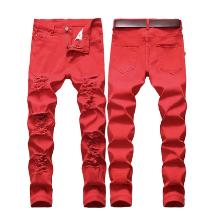 New Men Ripped Jeans Red Hip Hop Holes Slim Denim Pants Punk Streetwear Versatile Stretch Wash Solid Casual Slim Pencil Trousers