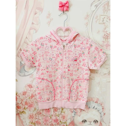 Japanese Sweet Girl Cartoon Mp Printed Short Sleeved Zip Up Hoodie Summer New Thin Cardigan Cute Core Sweatshirt Women Y2k Top