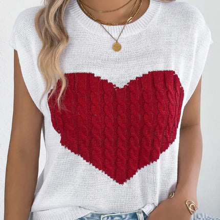 VigoCasey 2025 Summer Lady Love Patchwork Top Women O Neck Short Sleeve Knit Vest Female Casual Loose Pullover Tops Clothes