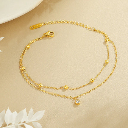 Kuziduocai 100% Stainless Steel New Fashion Jewelry 18K Gold-plated Minimalism 2-Layer Beading Zircon Charm Women Anklet Chain