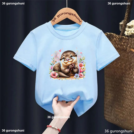 Harajuku Kawaii Kids Clothes Funny Otter Love Flowers Animal Printed T-shirt Girls/Boys Summer Fashion T-shirt Tops