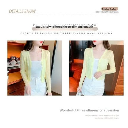 Slim Fit Knitted Long Sleeve Short Cardigan Women's Summer New Style Korean Version Thin Outerwear Pure Color Sun Protection Shi