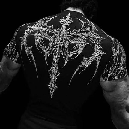 GYM T-shirt Men's Dark Gothic Print Muscle Tee  High Elasticity And Quick Drying Exercise For Bodybuilding Training 2025 Summer