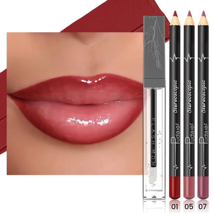 4-Piece Lip Liner and Lip Oil Set - Smooth, Long-Lasting Lip Liners for Defined Contours & Moisturizing Lip Oils
