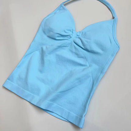 Longline Strappy Gym Top Custom Logo Backless Gym Clothes Women Scrunch Built-in Bra With Removable Cups Yoga Tank Tops