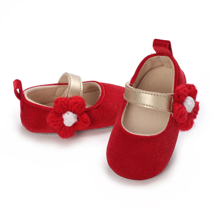 Spring and Autumn Red Fluffy Children's Shoes 0-1 Year Old Women's Treasure Bow Solid Color Princess Soft soled Shoes Baby Shoes
