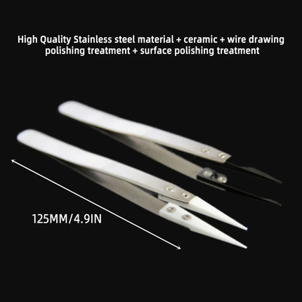 Anti-Static Ceramic Tweezers Stainless Steel Industrial Ceramic Tweezers Insulated Straight Tip Black-Whit Tweezers