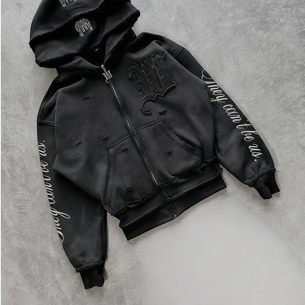 Trendy Creative Applique Letter Print Double Hat Design Women's Clothing Zippered Hoodie Loose Casual y2k hoodie girlfriend