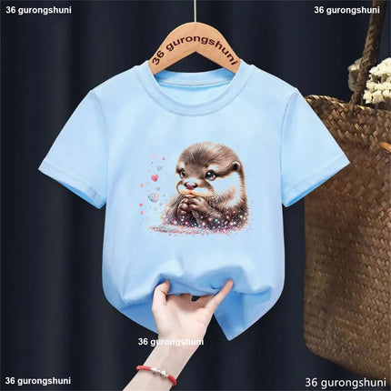 Harajuku Kawaii Kids Clothes Funny Otter Love Flowers Animal Printed T-shirt Girls/Boys Summer Fashion T-shirt Tops