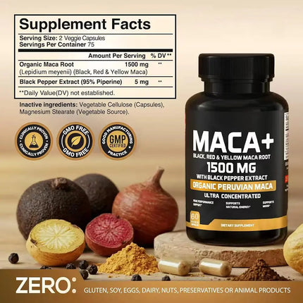Organic Maca Root Powder Capsules 1500mg with Black Pepper Extract & Maca Root Extract, Energy & Mood Supplemet for Men & Women