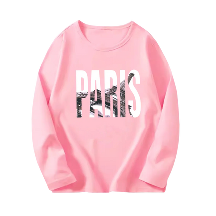 Fashion Paris Eiffel Tower Print T-Shirt Girls Long Sleeve Letter T-shirt Kids Cotton Clothing