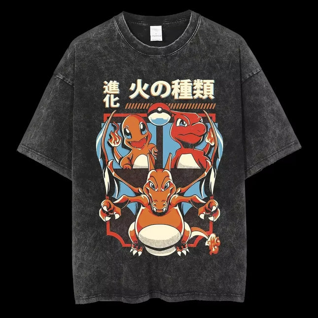 Unisex Vintage Washed Black Charmander Fire Type Pokemon Evolution Print Oversized Crewneck T-Shirt 100% Cotton Streetwear