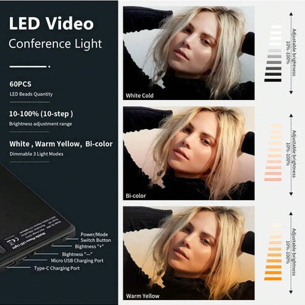 60 LED High Power Rechargeable Clip Fill Video Conference Light with Front & Back Clip, Adjusted 3 Light Modes for Phone, iPhone