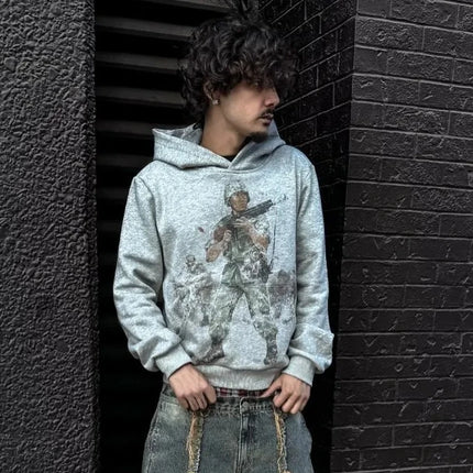 European and American Autumn and Winter Sports Hooded Pullover Retro Printing Pictures Men and Women Same Grey Loose Hoodie