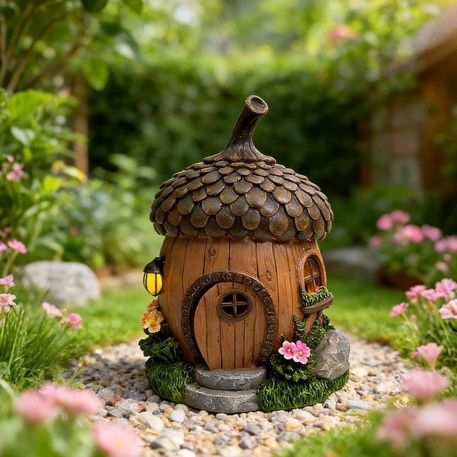 Solar Powered Acorn Fairy House Statue with LED Light - Outdoor Resin Nut Cottage Figurine Auto Glow for Garden Patio Decor