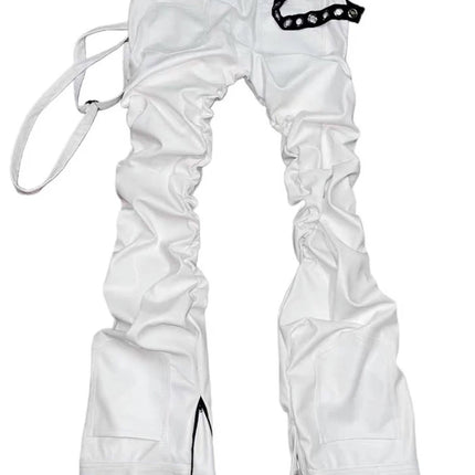 Mauroicardi Spring Autumn Cool Handsome Fitted Long White Pu Leather Ruched Pants for Men Luxury Designer Alternative Clothes