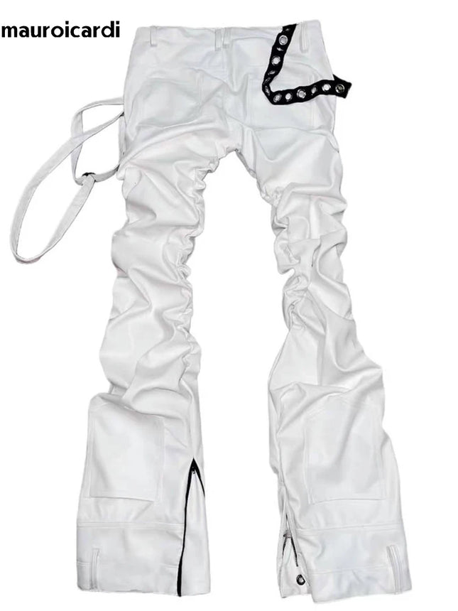Mauroicardi Spring Autumn Cool Handsome Fitted Long White Pu Leather Ruched Pants for Men Luxury Designer Alternative Clothes