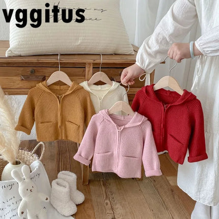 New Spring Autumn Toddler Girl Boy Sweater Coat Knit Hooded Cardigan Long Sleeve Top with Pockets Warm Casual Outerwear A5336