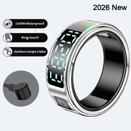 2026 New Smart Ring Display Screen Gestures Brush Video 5ATM Waterproof Remote Camera Blood Pressure Monitoring For Men Women