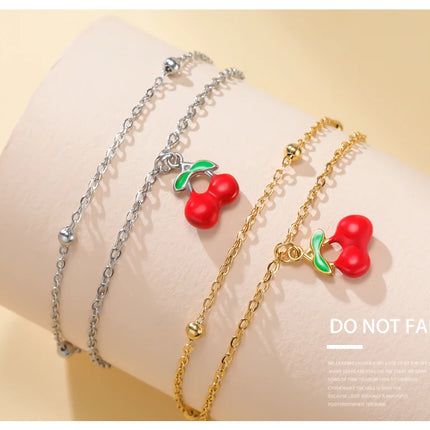 Teamer Enamel Cherry Charm Bracelet For Woman Gold Color Stainless Steel Double Bead Chain Fashion Birthday Friend Jewelry Gift