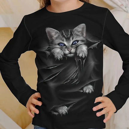Children's Clothing Girl T-Shirts Long Sleeve Child T Shirt Cartoon Round Neck Cat Print Casual Kids Summer Clothes Girl Top Tee