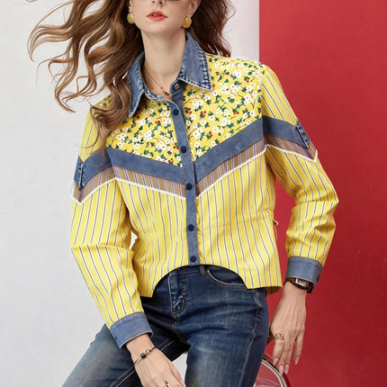Women Cropped Striped Floral Print Patchwork Shirt Loose Fit Drawstring Waist Button Up Blouse Casual Shirt Top