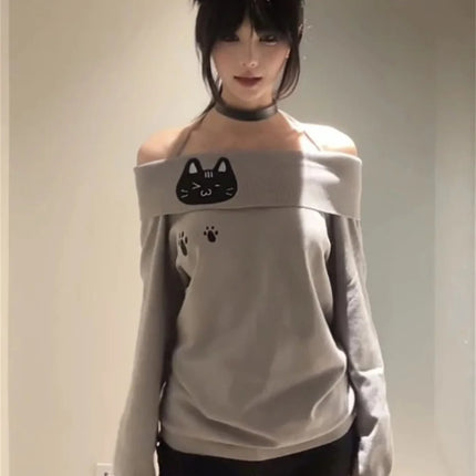 Cute Embroidery Off The Shoulder T Shirt Women Kawaii Cat Long Sleeve Basic Blouse Tight Basic Crop Top Strapless Gray Tees