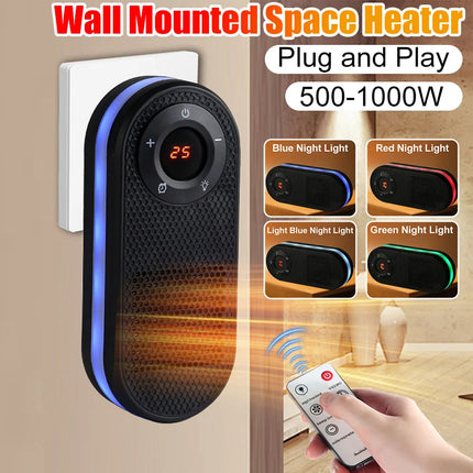 500 to 1000W Electric Heater Plug in Wall Space Heater With Timer Warmer Machine with Night Light Fast Heating For Home Office