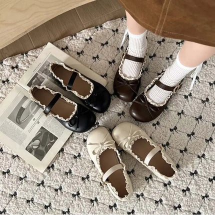 Lolita PU Leather JK Flat Shoes Bow Sweet Slip On Loafers Soft Sole Lace Ruffled Mary Jane Shoes Women