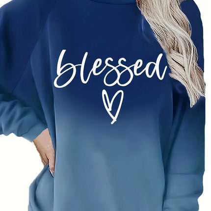 Plus Size Spring Casual Sweatshirt, Women's Ombre & Letter & Heart Print Raglan Sleeve Round Neck Slight Stretch Pullover Top