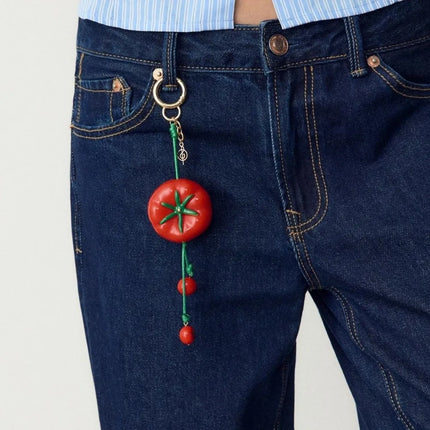 Mini Alloy Material Rope Keyring Cute Elegant Resin Fruit Shape Keychain Red Tomato Heart Bag Pendant Charms School