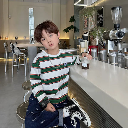 2025 Autumn Children's Clothes Girls Long-Sleeved Base Shirts Cool Boys Striped Cotton T-Shirt Teen Loose Casual 2-7Y Kids Top
