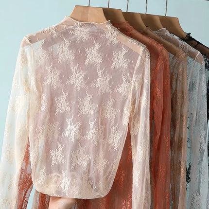 Korea Style Mesh T Shirt Lace Flower under Shirt Long sleeve transparent Tshirt Sexy Black Lace See through Mesh Tee Tops Women