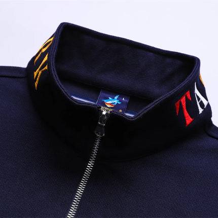 TACE&SHARK Fashion Men's Shark Embroidery Long Sleeve Polo Shirt Cotton Casual Wear Business Solid Color Tops