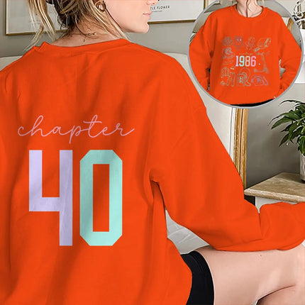 Chapter 40 40th Birthday Sweatshirt Women Born in 1986 Retro Graphic Double-Sided 80s Theme Crewneck Top Casual Retro Clothing