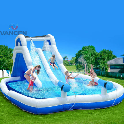 Blue & White Water Slide with Dual Sliding Lanes, Large Splash Pool, and Fun Water Cannon - Ultimate Outdoor Summer Water Slide