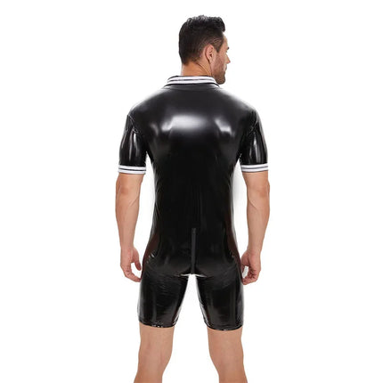 Men Zipper Open Crotch Erotica Jumpsuit Shorts Summer Short Sleeve Lapel Tight Stretch Rompers Male Glossy Patent Leather Wear