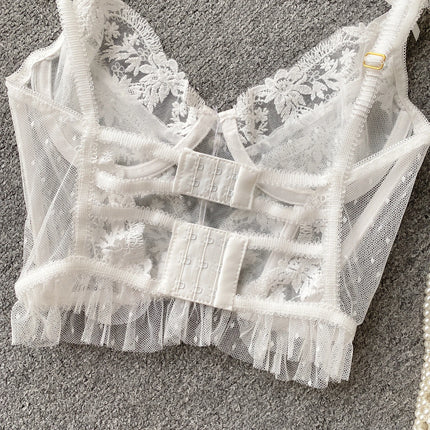 French Chic Sexy Woman Sleeveless Skinny Backless Female Corset Camis Lace Sheer Spaghetti Strap Hotsweet Tank Tops Dropshipping