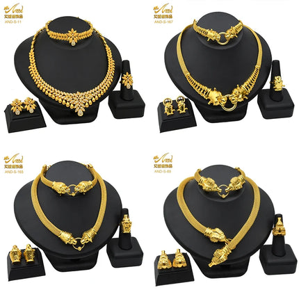 ANIID African Jewelry Set Big Necklace Dubai Ethiopian Gold Color Jewelery Earring Bracelet For Women Bridal Choker Wholesale