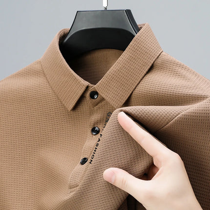 Men's Waffle Long-Sleeved Polo Shirt with Letter-Printed Lapel Casual Top