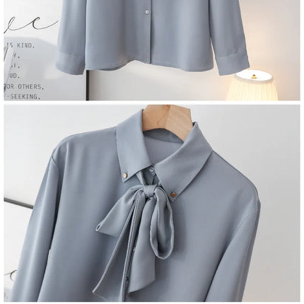 Elegant Long Sleeve Bow Tie Collared Whiteshirt Women's Professional Interview Shirt 2024 New Autumn Collection